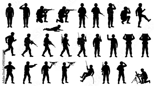 Collection of Silhouettes Depicting Soldiers in Various Poses and Actions, Including Combat and Support Roles.