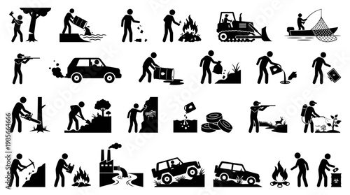 Collection of pictograms illustrating various human activities impacting the environment, including pollution, conservation, and resource management.