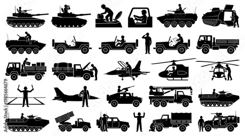 Collection of Silhouetted Military Vehicles and Personnel, Showcasing a Variety of Tanks, Jeeps, Trucks, Aircraft, and Helicopters.