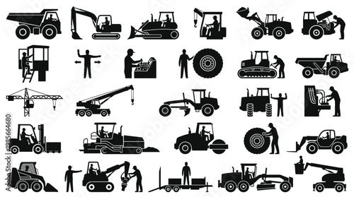 Collection of Silhouetted Construction and Heavy Machinery Icons with Workers, Illustrating Various Industrial and Building Operations.