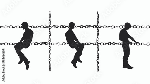 Silhouettes of three people interact with chain barriers. Simple style on white background