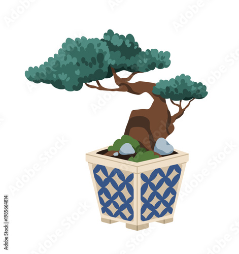 Bonsai tree growing in pot. Japanese zen garden. Japan botanical art, miniature nature in container. Mini plant, Eastern oriental Asian decor. Flat vector illustration isolated on white background