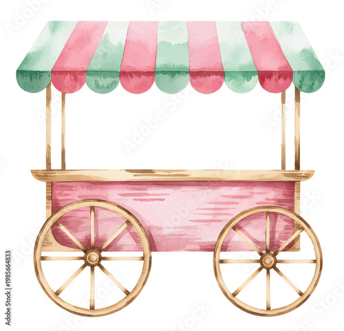 Watercolor pastel market stall cart with striped canopy shop display illustration. 