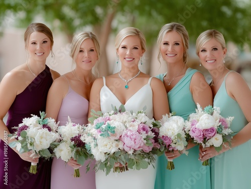 Celebrating a joyful outdoor garden wedding with a radiant bride and her supportive bridesmaids, holding colorful floral bouquets, smiling at the camera