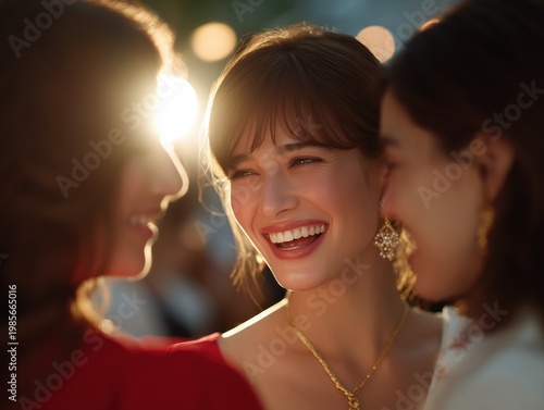 Smiling woman enjoying conversation with friends, sharing laughter and happiness together during a joyful social event, celebrating positive emotions and bonding