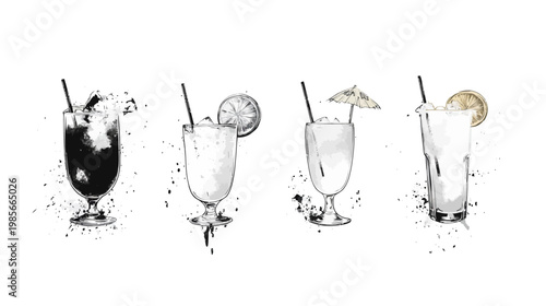 Artistic depiction of four beverages in various glasses with straws, garnishes, and ice, with ink splatters