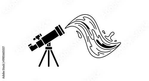 Telescope astronomy icon with swirling comet tail and star gaze concept for science education and discovery background