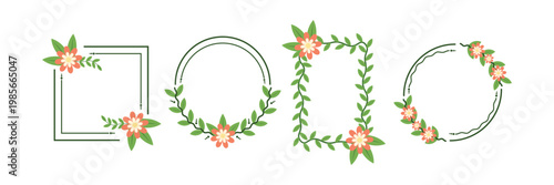 Collection Floral frame with a circle, round, or rectangle set. Doodle-style wreath. Vector illustration for wedding decor, birthday, social media posts and artistic photo layouts