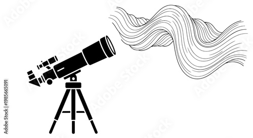 Camera icon with tripod and drifting wavy lines, black and white vector style for photography and film projects