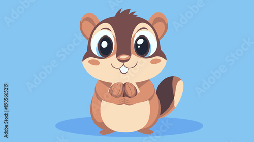 Adorable cartoon chipmunk with large eyes and a friendly smile, holding nuts, on a blue background