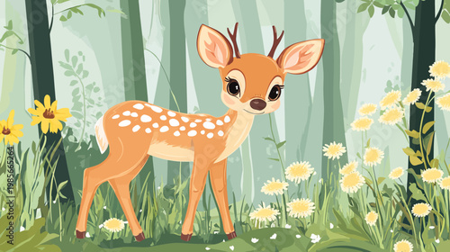 Adorable fawn with spots, flowers, and trees in a whimsical, colorful forest setting