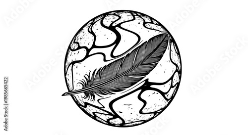 Feather quill on a marble sphere with abstract black and white pattern featuring illustration, drawing, art with design and graphic elements for