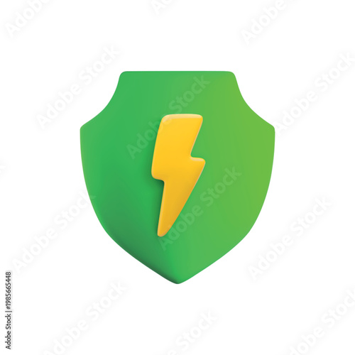 Vector Realistic 3d green shield with lightning bolt icon. Cartoon 3d render of protection of electric power, high voltage energy sign, electricity safety symbol.