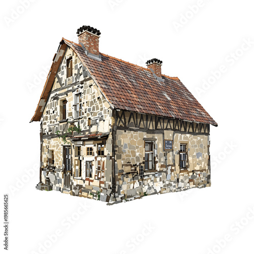 Detailed illustration of a historic two story building with tile roof and stone facade transparent background