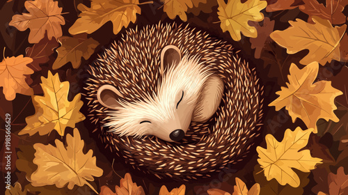 A sleeping, curled-up creature nestles among fallen golden leaves, depicting autumn's tranquil beauty