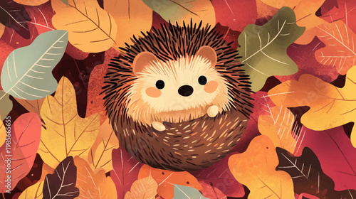Adorable illustration of a hedgehog nestled among colorful autumn leaves, watercolor-style art
