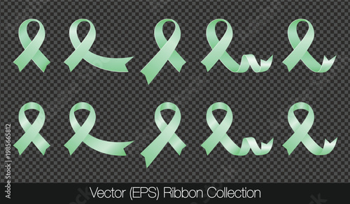Set of vector Light green awareness ribbons isolated on transparent background for lymphoma, asthma, environmental initiatives awareness campaigns. Ribbon designs for healthcare, awareness posters