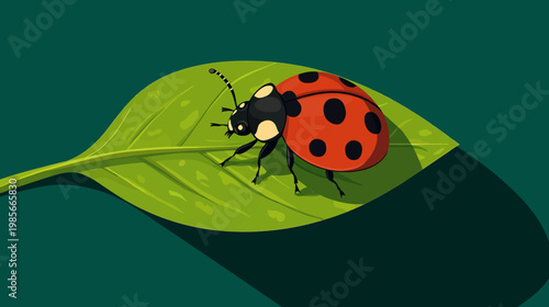 A vibrant digital illustration of a ladybug with its distinctive red shell on a detailed green leaf