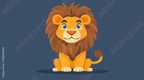 Animated cartoon lion with a brown mane, sitting upright against a dark blue background
