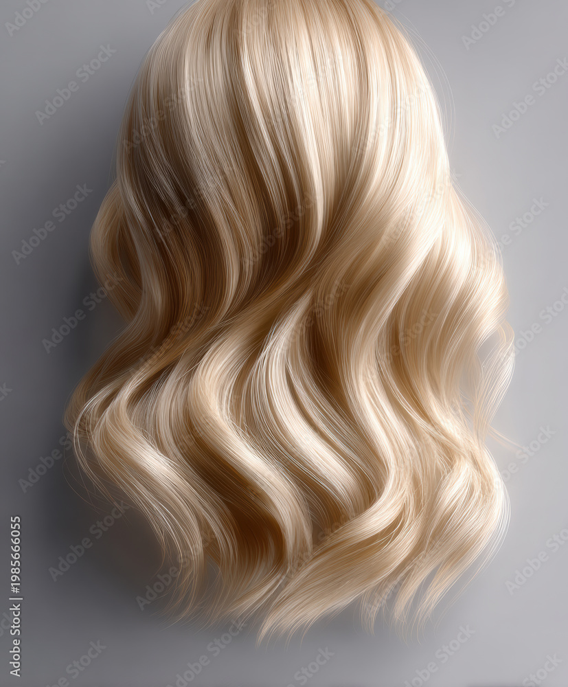 Fototapeta premium Glossy beige hair with soft waves, ultra realistic texture, high fidelity shine, smooth and healthy appearance