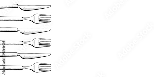 Cutlery vertical border in minimalist black and white vector line art. Repeating knife and fork for restaurant menu side decoration, catering service branding and dining etiquette layout graphics