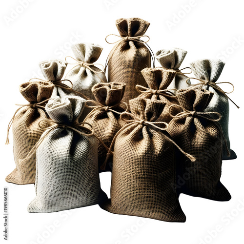 Collection of tied burlap sacks on transparent background
