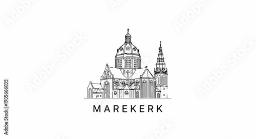 Stylized sketch of a grand church with a prominent dome and spire