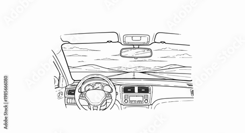 View from car interior shows dashboard, steering wheel, and road ahead