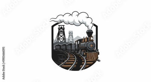 Vintage train hauling coal past mine towers with steam