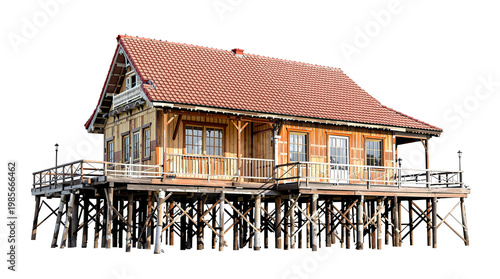 Wooden house elevated on wooden pilings against transparent background