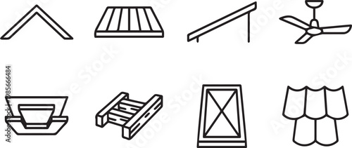 Roofing and attic construction icons, set of 8 outline vector elements, house renovation and roofing materials symbols for architecture