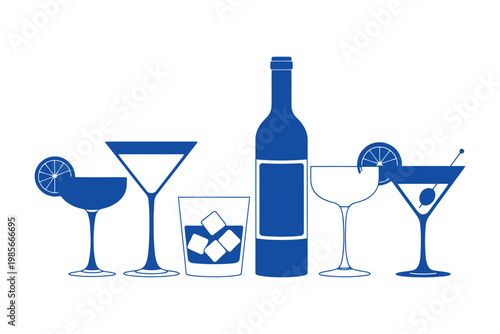 Alcohol beverage glassware collection with wine bottle and various cocktail shapes.