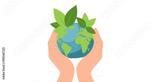 Hands cradling the Earth with sprouting leaves, symbolizing environmental protection and a sustainable future for our planet