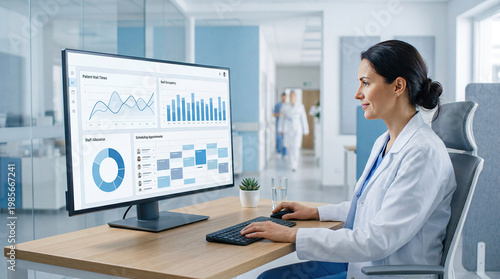 Modern clinic management software health care administration concept. Professional woman analyzing data on a modern computer screen.