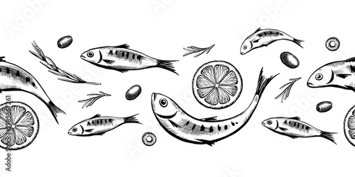 Mediterranean seafood seamless border in minimalist vector line art. Horizontal repeating pattern with sardines, lemon and herbs for organic food packaging, fish menu design and nautical branding