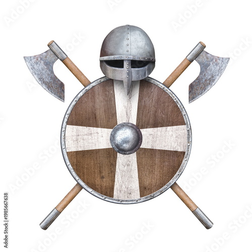 Bild auf Leinwand Wooden shield helmet and two axes isolated on white