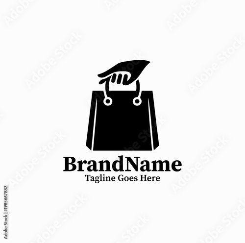 Minimalist Hand Holding Shopping Bag Logo Black Silhouette Vector