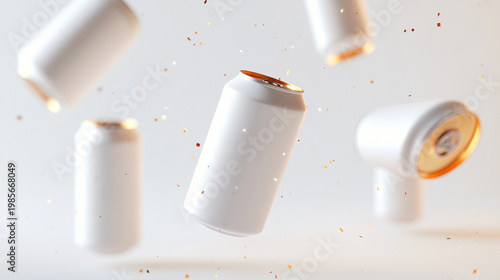 Dynamic floating white aluminum soda cans with colorful confetti on bright background for product mockup