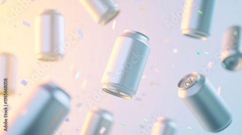Dynamic floating white aluminum soda cans with colorful confetti on bright background for product mockup
