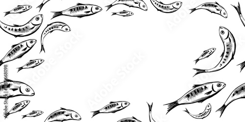 Sardine fish seamless frame in minimalist vector line art. Horizontal repeating border for mediterranean seafood menu design, marine website header, organic food packaging and nautical branding