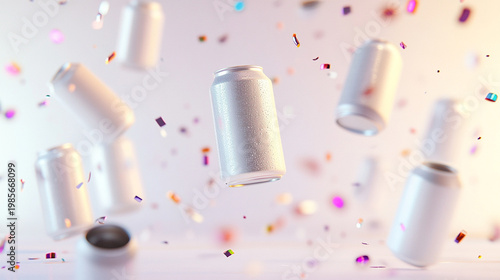 Dynamic floating white aluminum soda cans with colorful confetti on bright background for product mockup