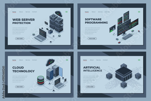 Set of isometric landing page template. Modern technology concept for cloud computing and artificial intelligence. Isometric technology
