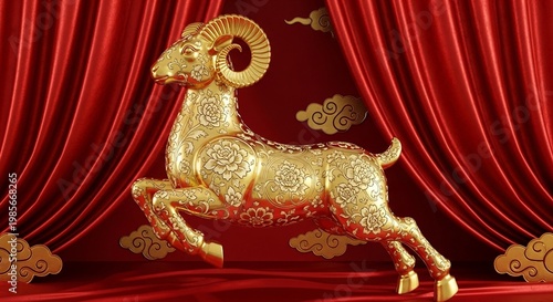 luxury red and gold chinese horse new year background 2027 new year, ornate golden ram statue with intricate floral patterns posed in a leaping position against a draped red silk fabric background wit