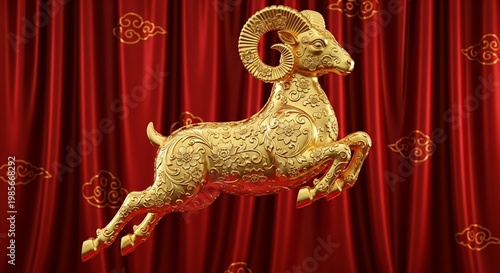 luxury red and gold chinese horse new year background 2027 new year, ornate golden ram statue with intricate floral patterns posed in a leaping position against a draped red silk fabric background wit