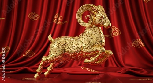 luxury red and gold chinese horse new year background 2027 new year, ornate golden ram statue with intricate floral patterns posed in a leaping position against a draped red silk fabric background wit