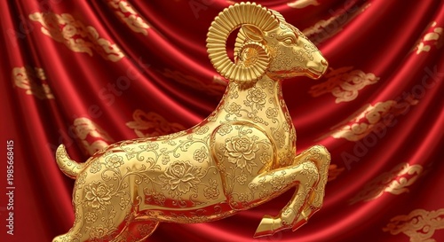 luxury red and gold chinese horse new year background 2027 new year, ornate golden ram statue with intricate floral patterns posed in a leaping position against a draped red silk fabric background wit