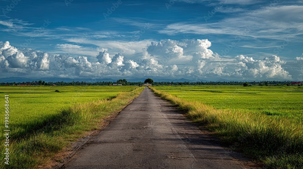 Fototapeta premium A long narrow road stretches through lush green fields under a vast blue sky filled with dramatic white clouds.