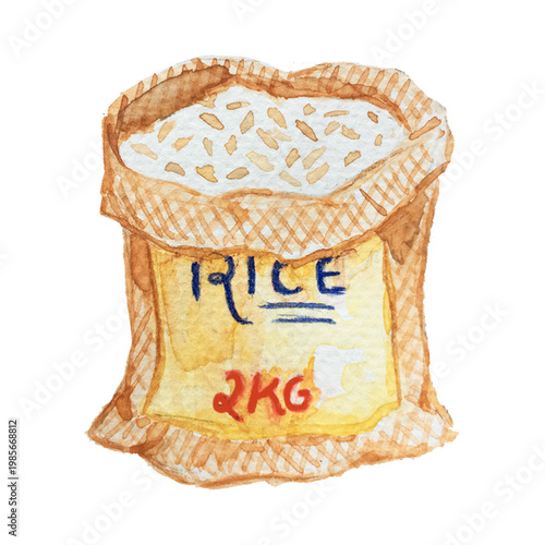 A 2kg bag of rice with visible grains on top labeled and overflowing