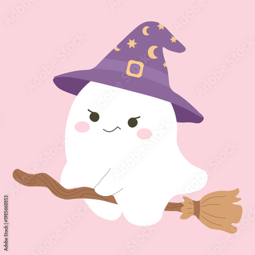 Halloween ghost riding a magic broom wearing a purple witch hat with moon and stars. Spooky seasonal character for October holiday party decor, stickers, and greeting cards