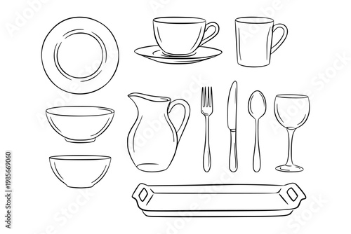 Tableware items in simple line style on white background, concept of kitchen utensils and dining essentials